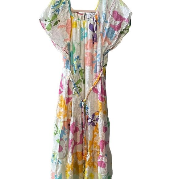 Tanya Taylor Ella Floral Rainbow Dress Silk Midi Flutter Sleeve Size 4 - Picture 4 of 9